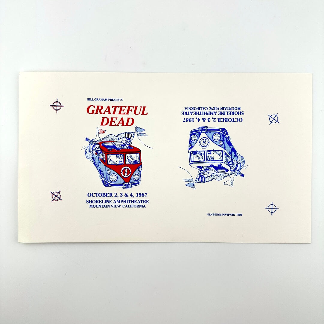 Two tickets for Grateful Dead concert featuring train graphics on a white background