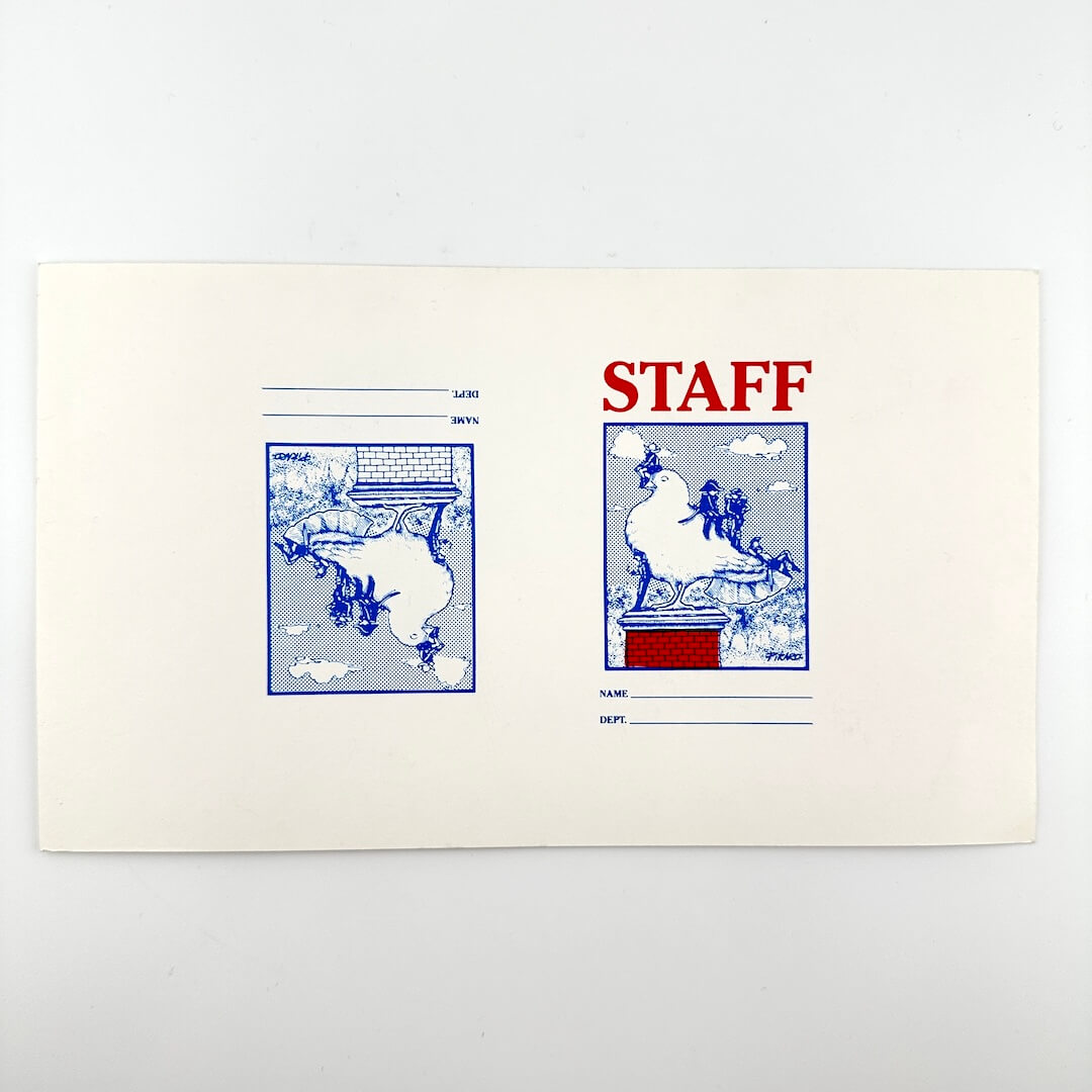 Staff pass with blue graphics and red text on a white background