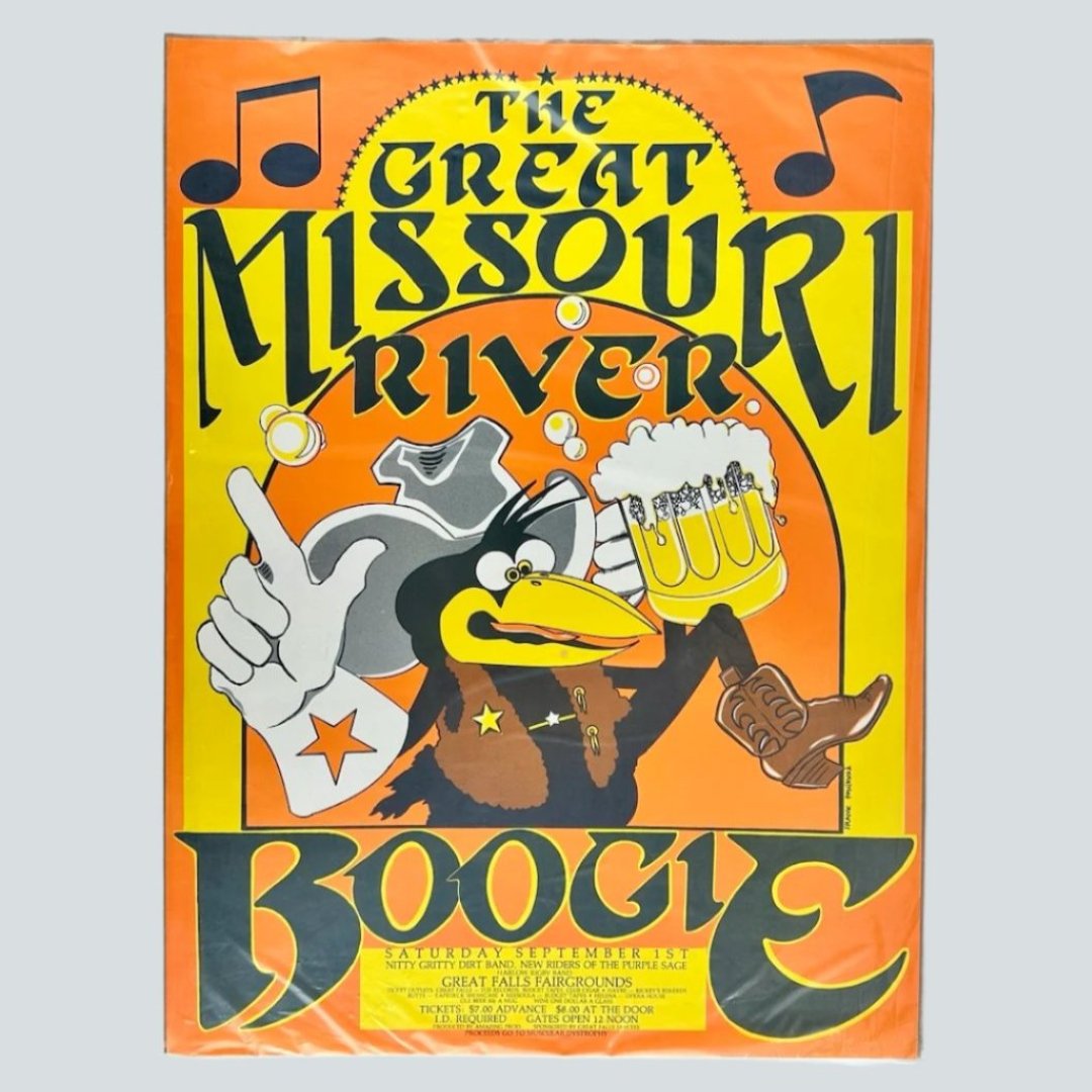 Orange background poster with yellow frame with black lettering around subject of drunken bird dressed like a cowboy.