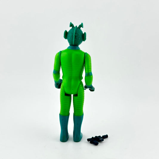 Green and blue action figure on a white background