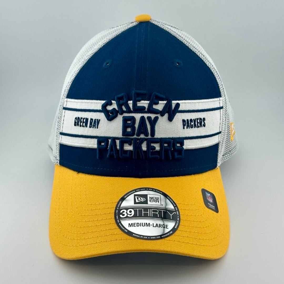 Cap with white plastic mesh back, navy face & yellow brim. Green Bay Packers embroidered in navy front-center over white band