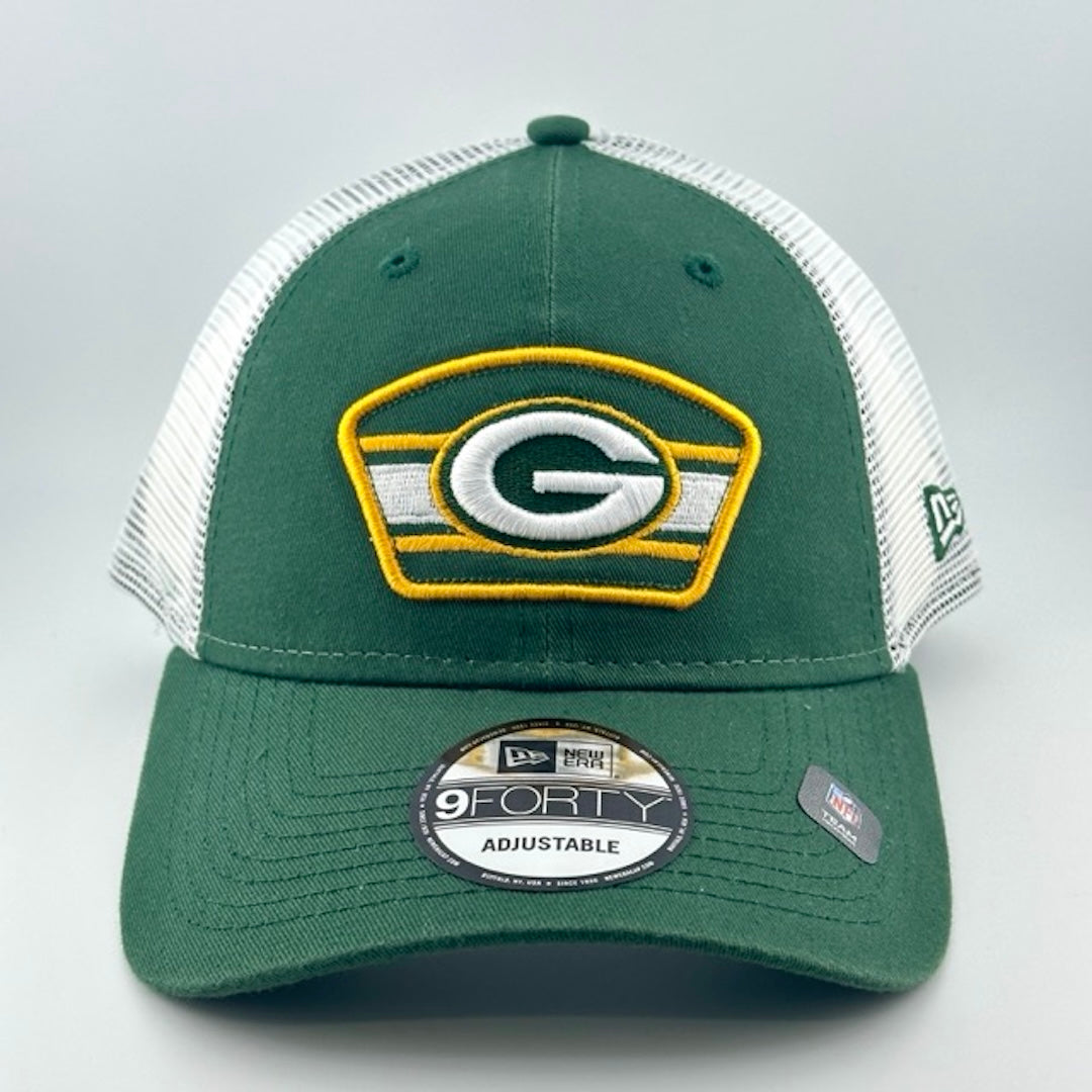 Cap with white plastic mesh back, green face & brim. Green Bay Packer shield logo embroidered front-center. Side New Era logo