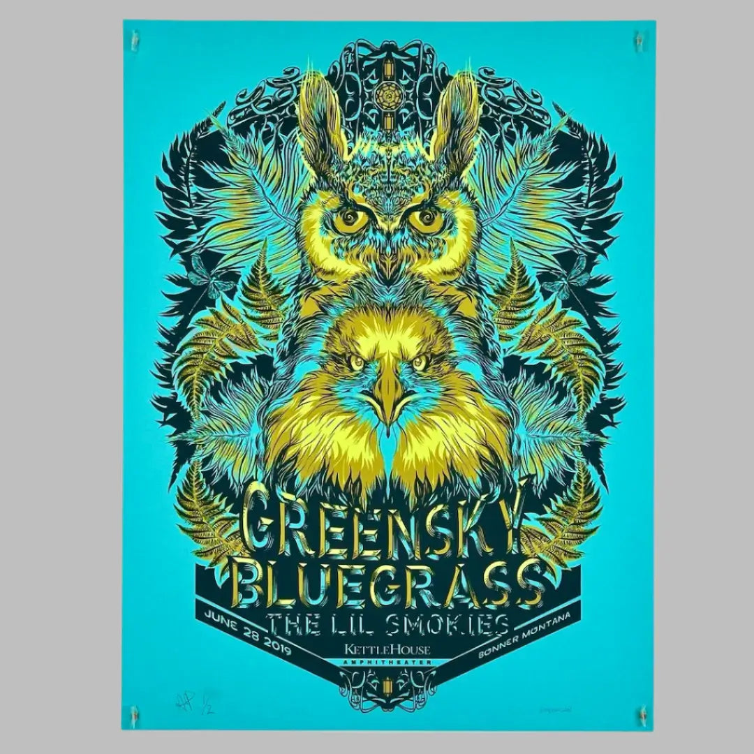 Blue poster with black and yellow graphics of foliage in background, eagle & owl in center, artist & event info along bottom.