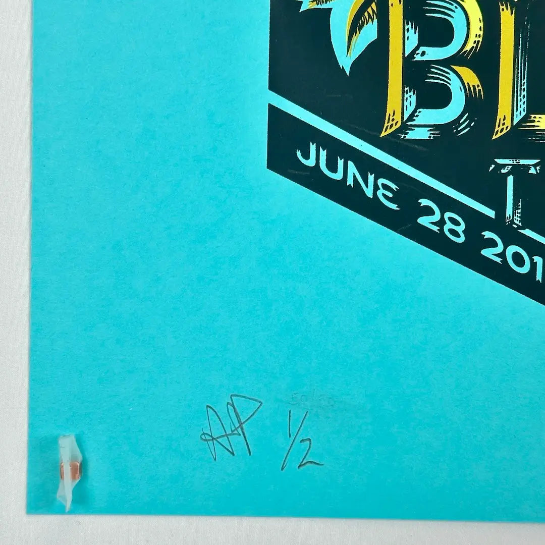 Close up of bottom left corner to show artist penciled "AP 1/2" as well as crisp corner and clean edges.