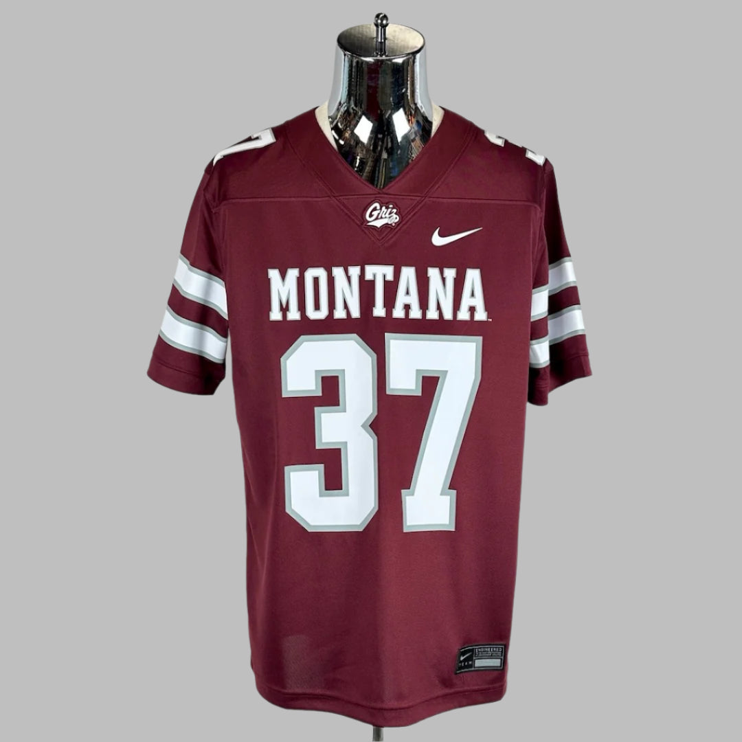 Maroon Montana Griz jersey with white lettering outlined in silver, #37. Front.