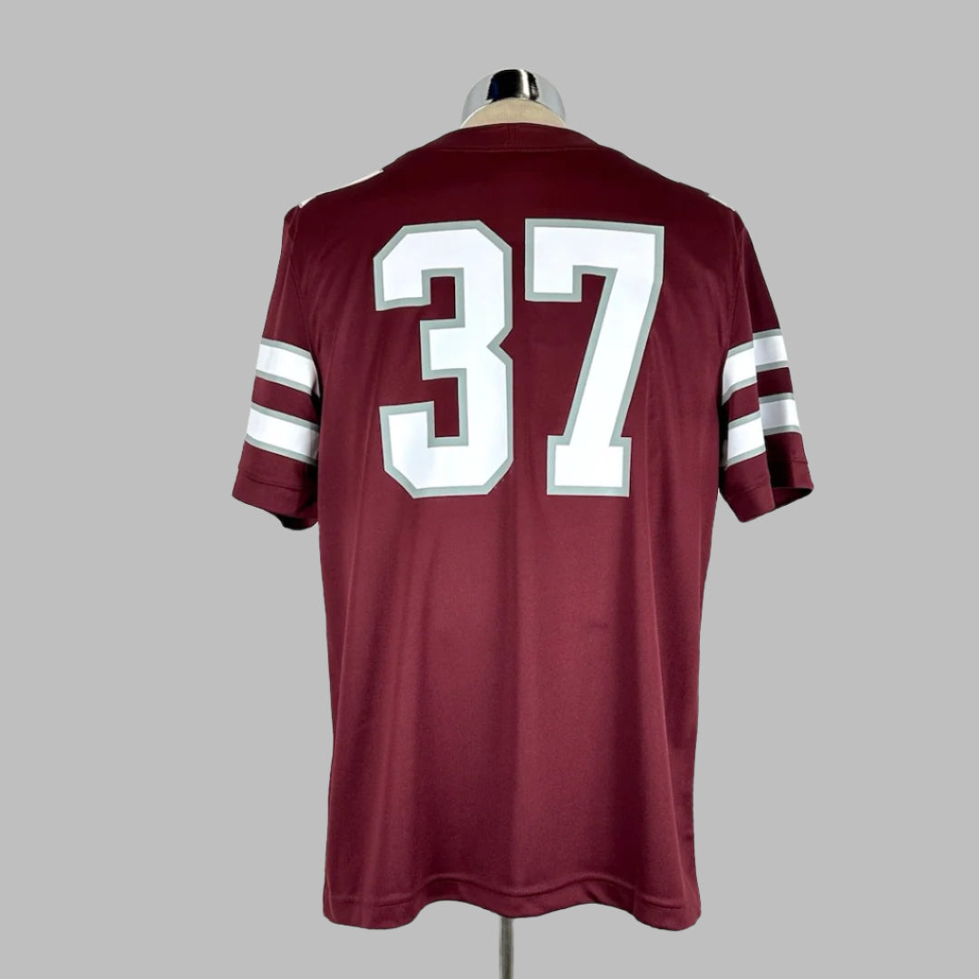 Maroon Montana Griz jersey with white lettering outlined in silver, #37. Back.