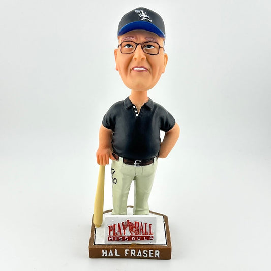 Bobblehead figure of a man in sports attire with a cap and glasses, holding a baseball bat, on a white background.