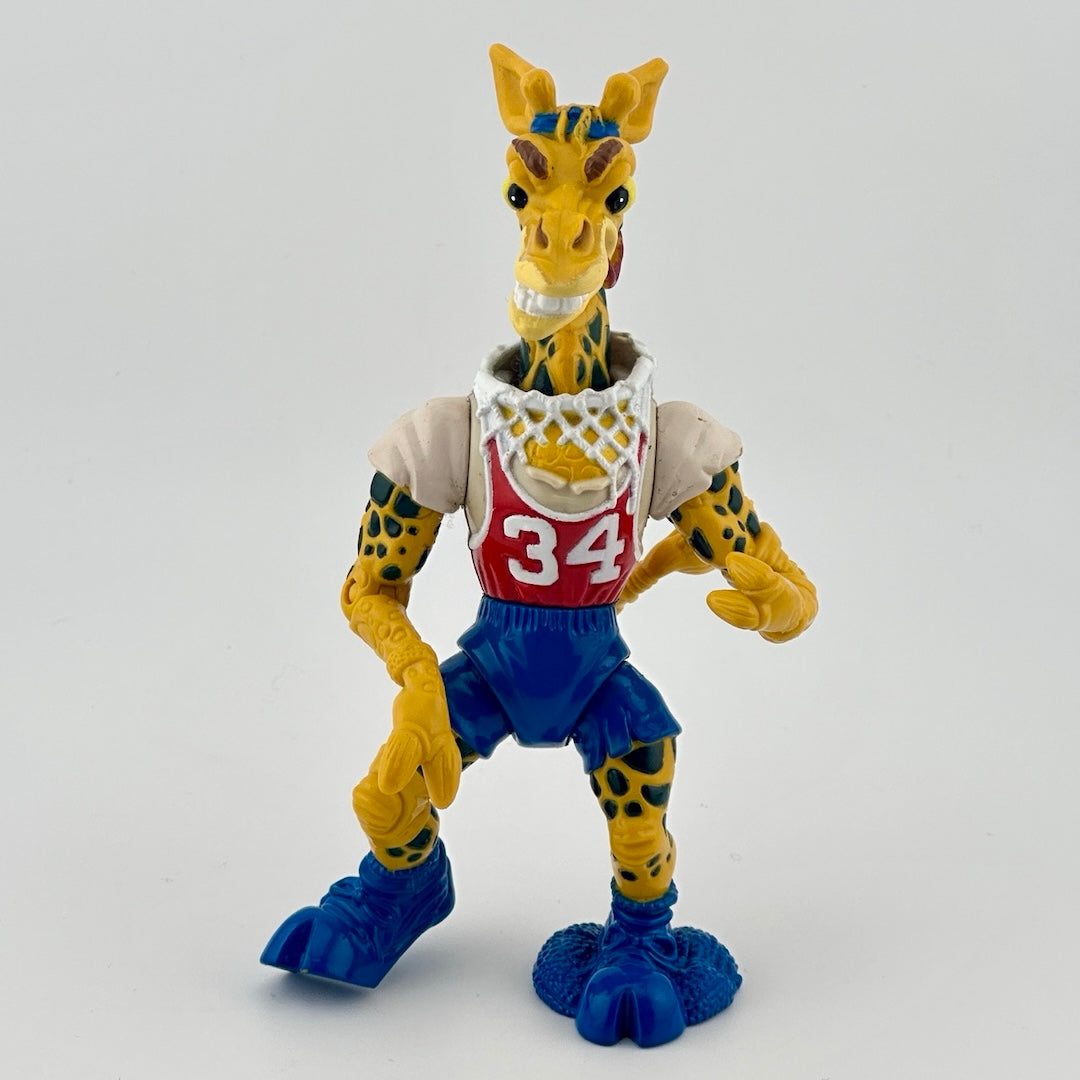Girafe action figure dressed as basketball player with net rim around neck as necklace. Front view.