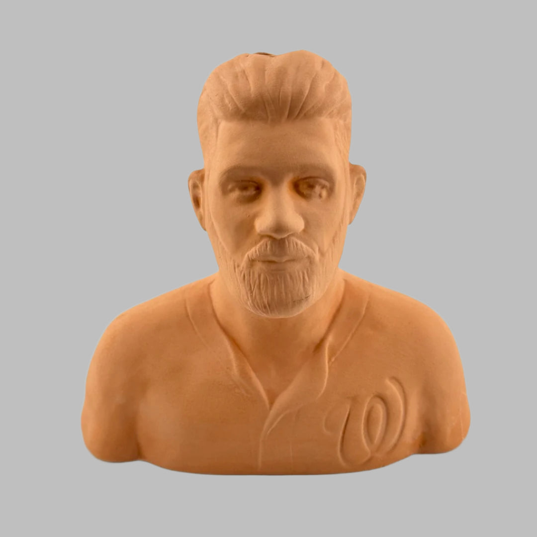 Terracotta bust of Bryce Harper of WA Nationals MLB team front view