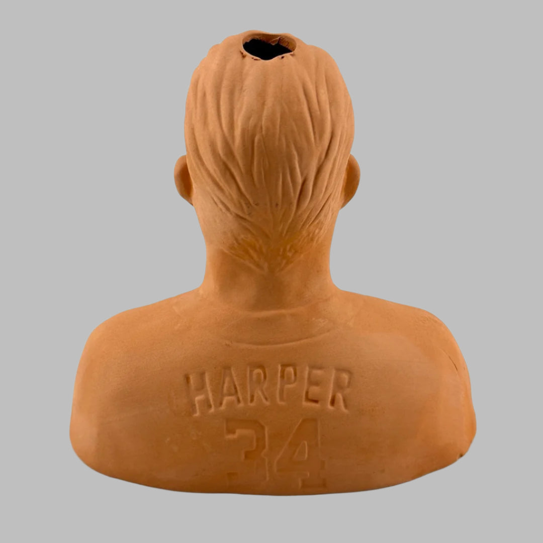 Terracotta bust of Bryce Harper of WA Nationals MLB team back view.
