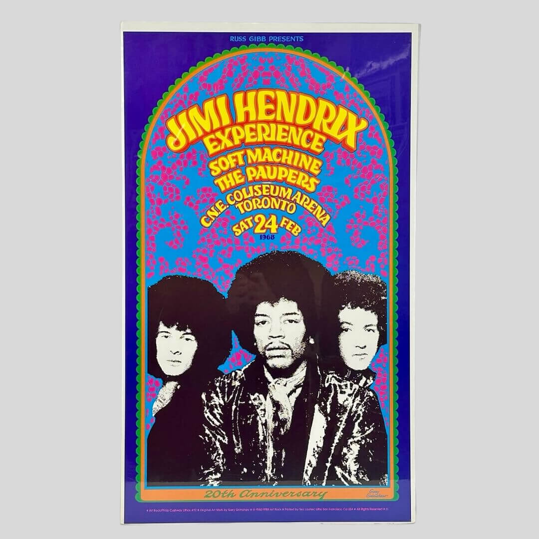Brightly colored concert poster for Jimi Hendrix Experience against light gray background.