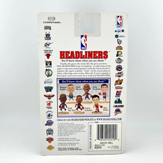 Back of a Corinthian Headliners basketball action figure packaging with branding and product details.