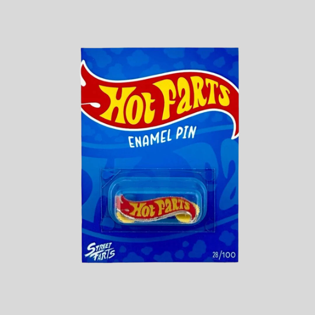 Hot Wheels parody enamel pin reading "Hot Farts" on Hot Wheels style card backing, two pin back.