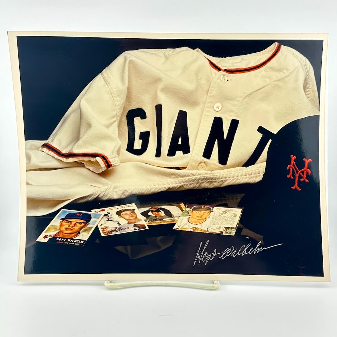 Photo of arranged baseball memorabilia featuring Hoyt Wilhelm and his signature.