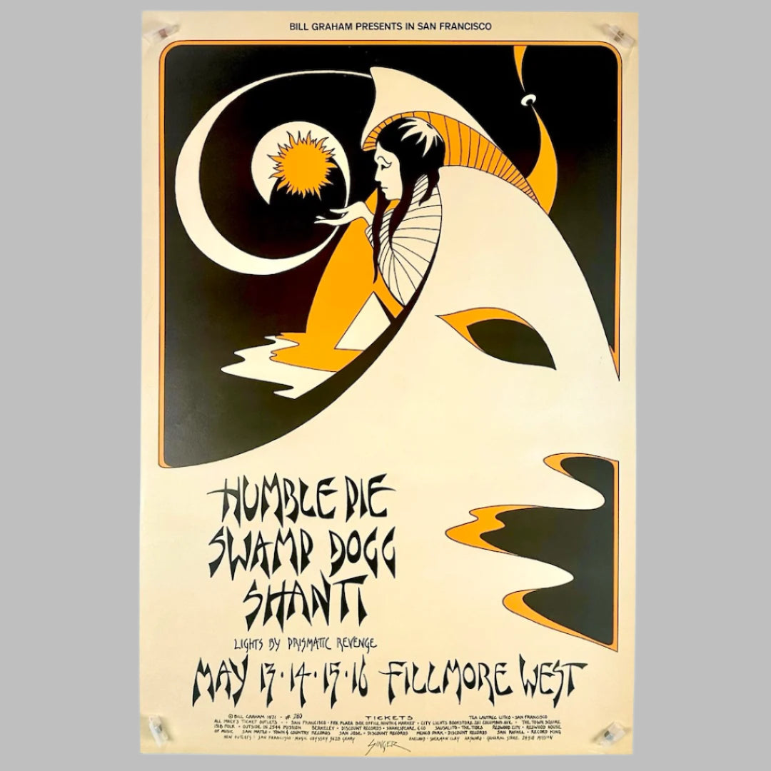 Beige background with black & golden rod ink forming woman holding sun with wave design. Black stylized text with event info