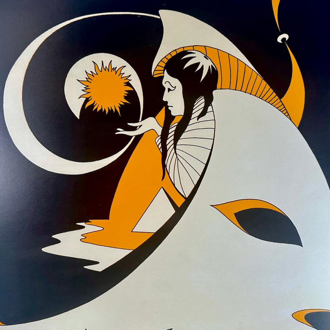 Beige background with black & golden rod ink forming woman holding sun with wave design. Black stylized text with event info