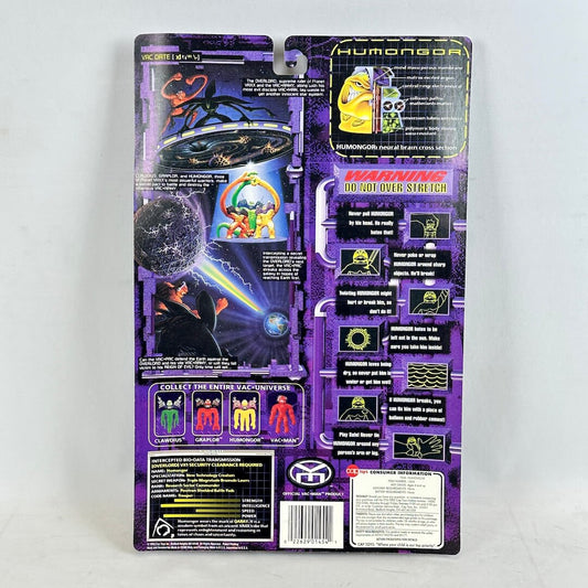Toy action figure packaging with purple and black design on a white background