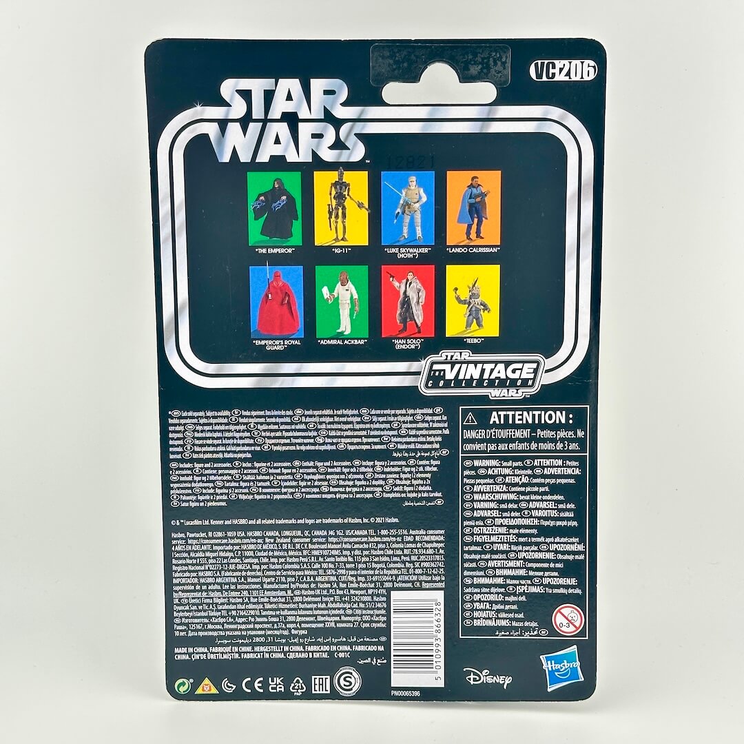 Back of Star Wars action figure packaging featuring product details and images of other available figures.
