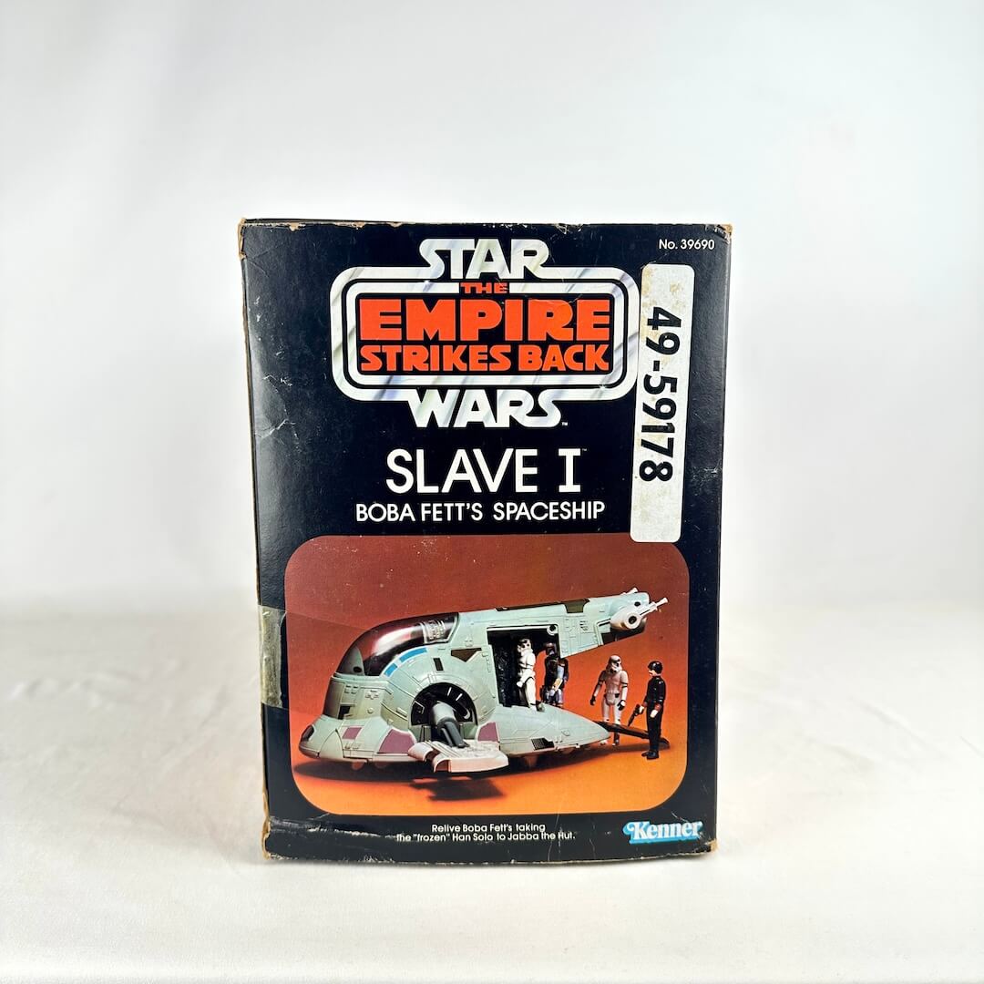Vintage 'Star Wars' Slave I toy box with Empire Strikes Back logo on a white background