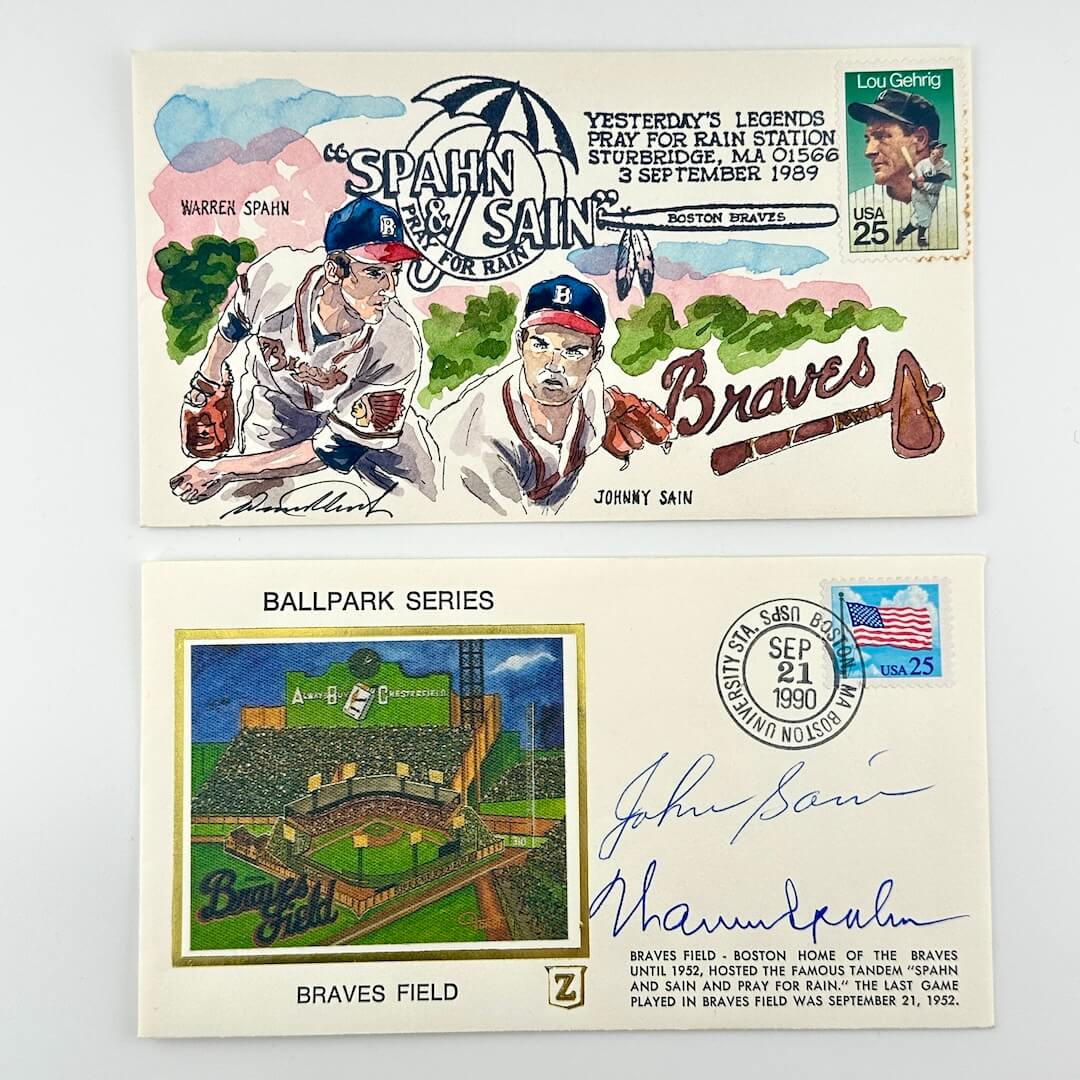 Two vintage baseball gateway cachets featuring notable players with stamps and text on a white background.