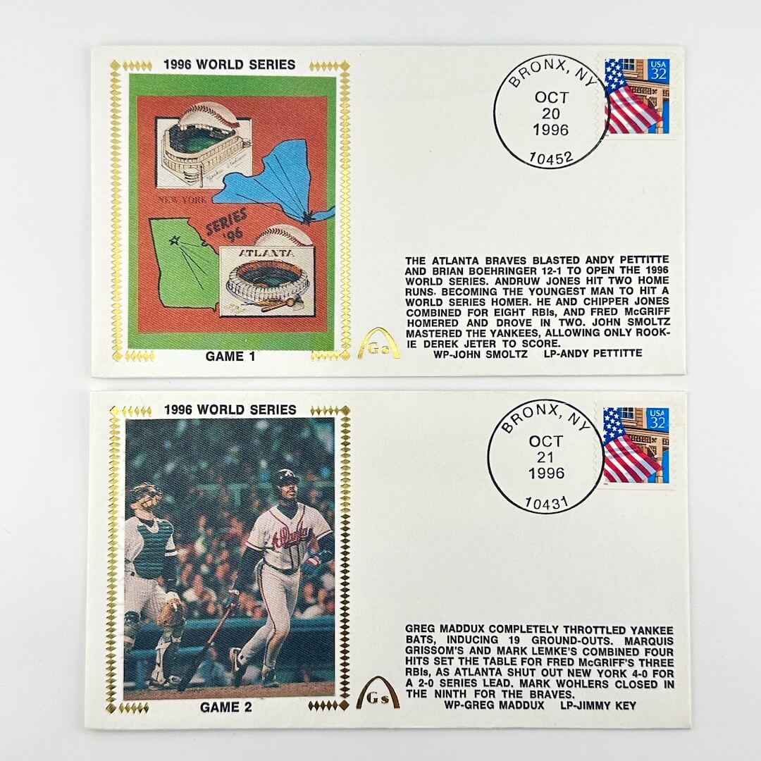 Two vintage baseball gateway cachets featuring notable players with stamps and text on a white background.
