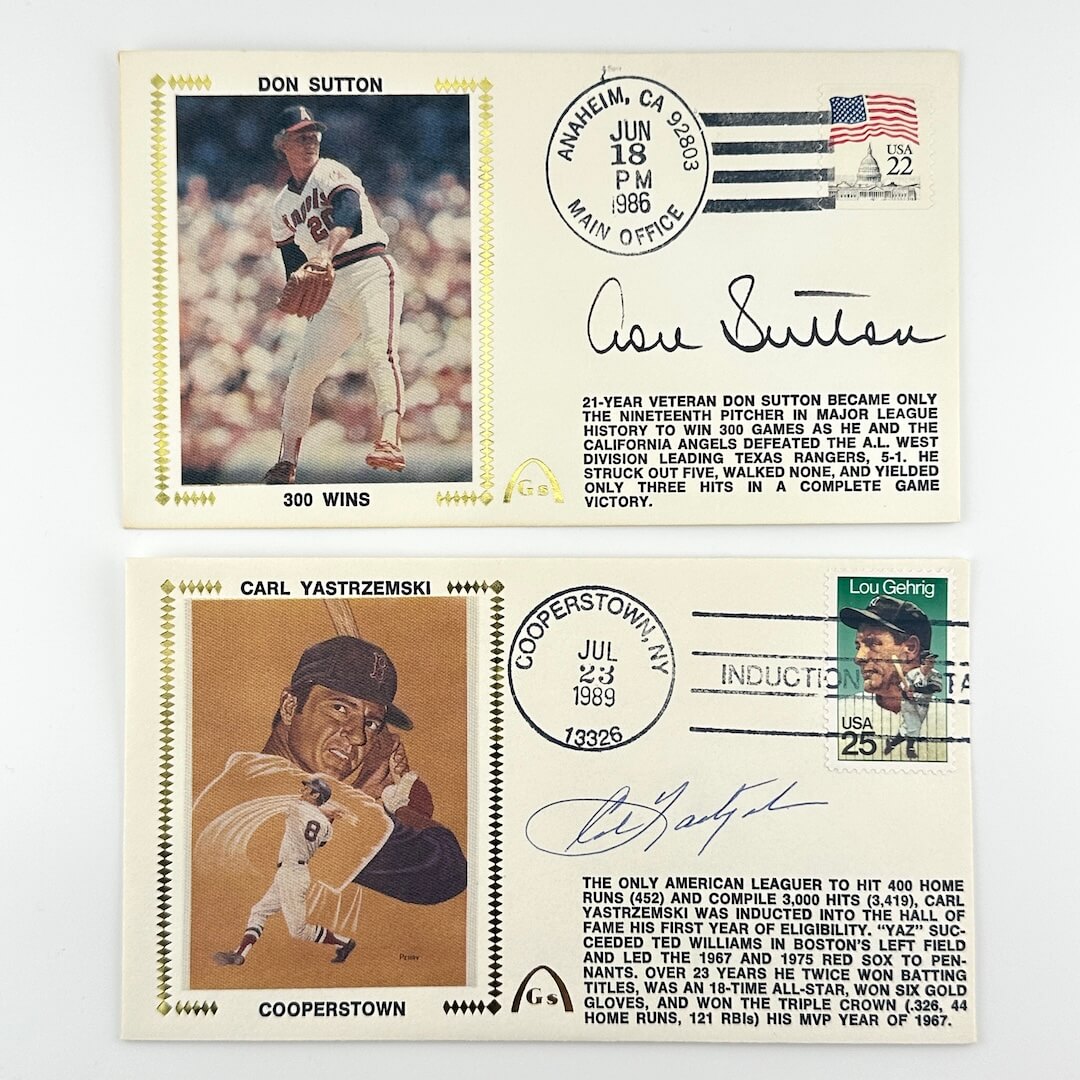 Two vintage baseball gateway cachets featuring notable players with stamps and text on a white background.