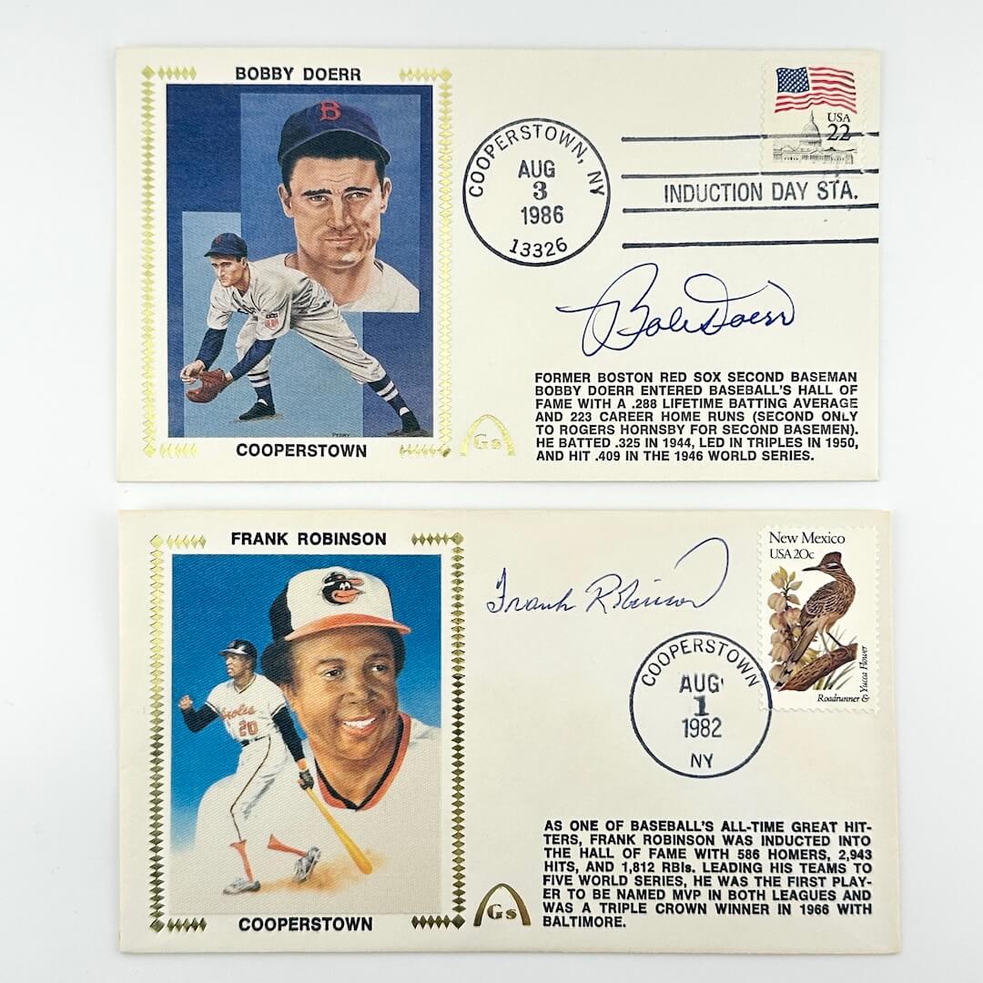 Two vintage baseball gateway cachets featuring notable players with stamps and text on a white background.