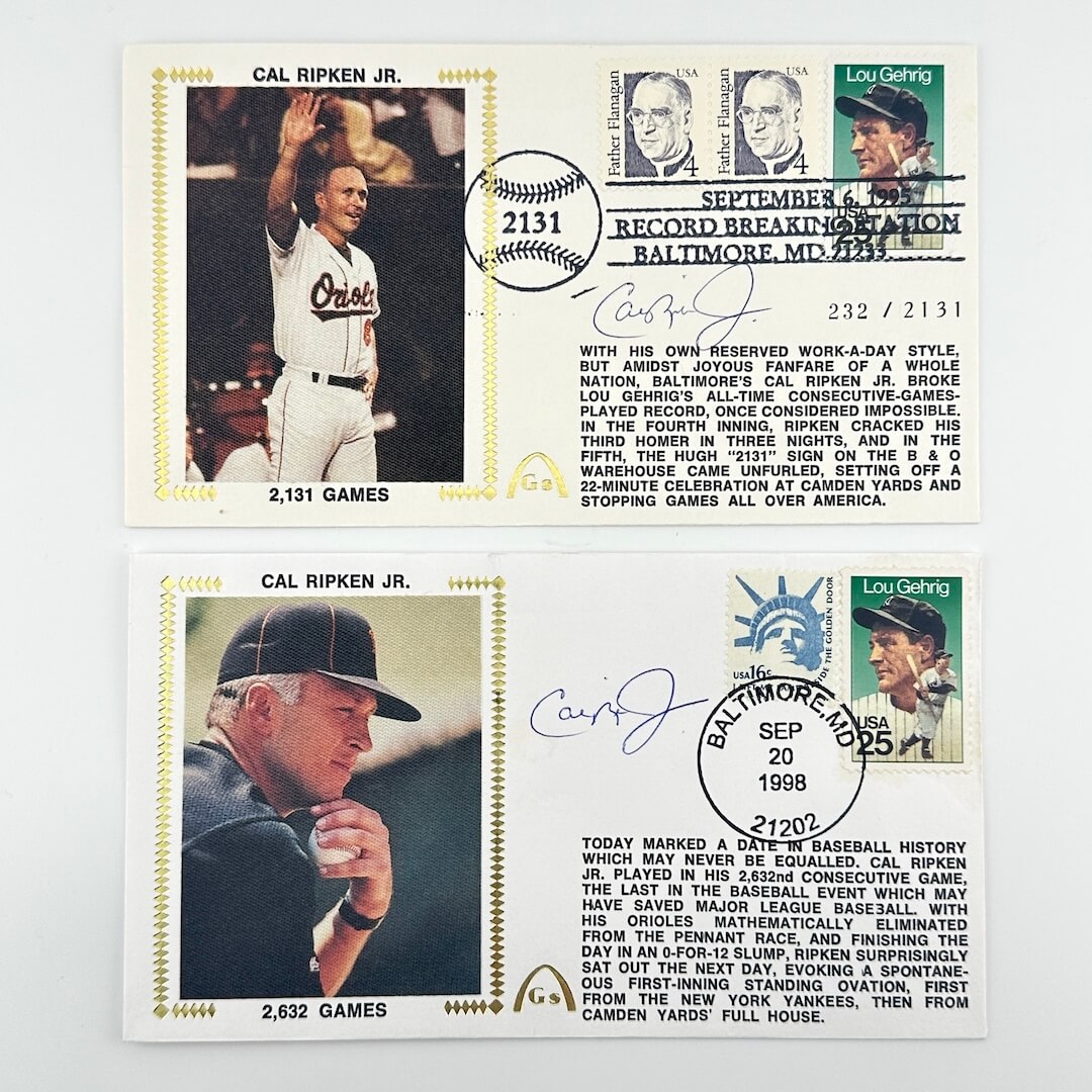 Two vintage baseball gateway cachets featuring notable players with stamps and text on a white background.