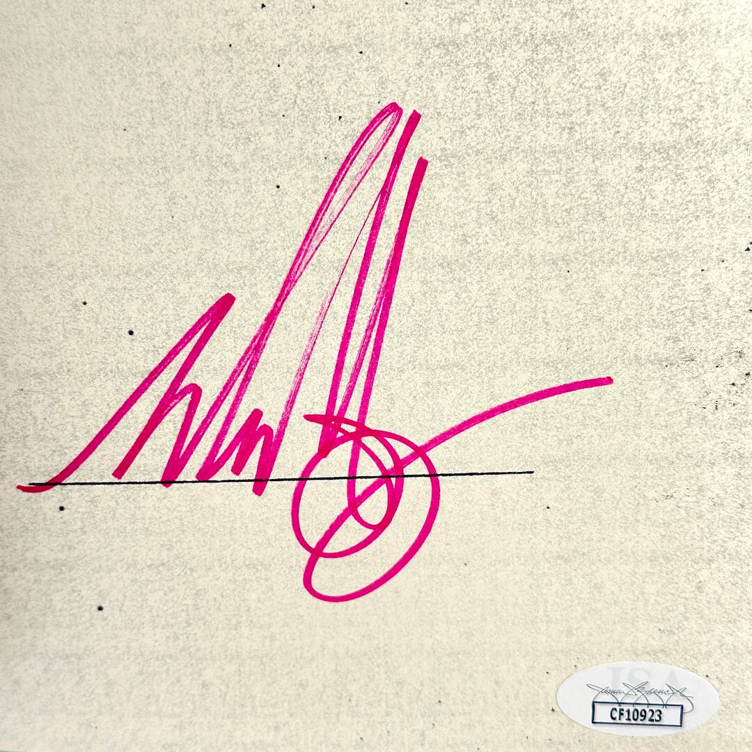 Pink signature on a textured beige background