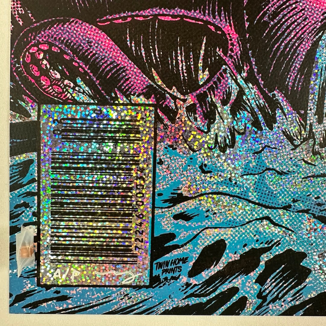 Bottom left corner with no damage to edges or corner. Glitter foil detail visible, barcode in waves under tentacles.
