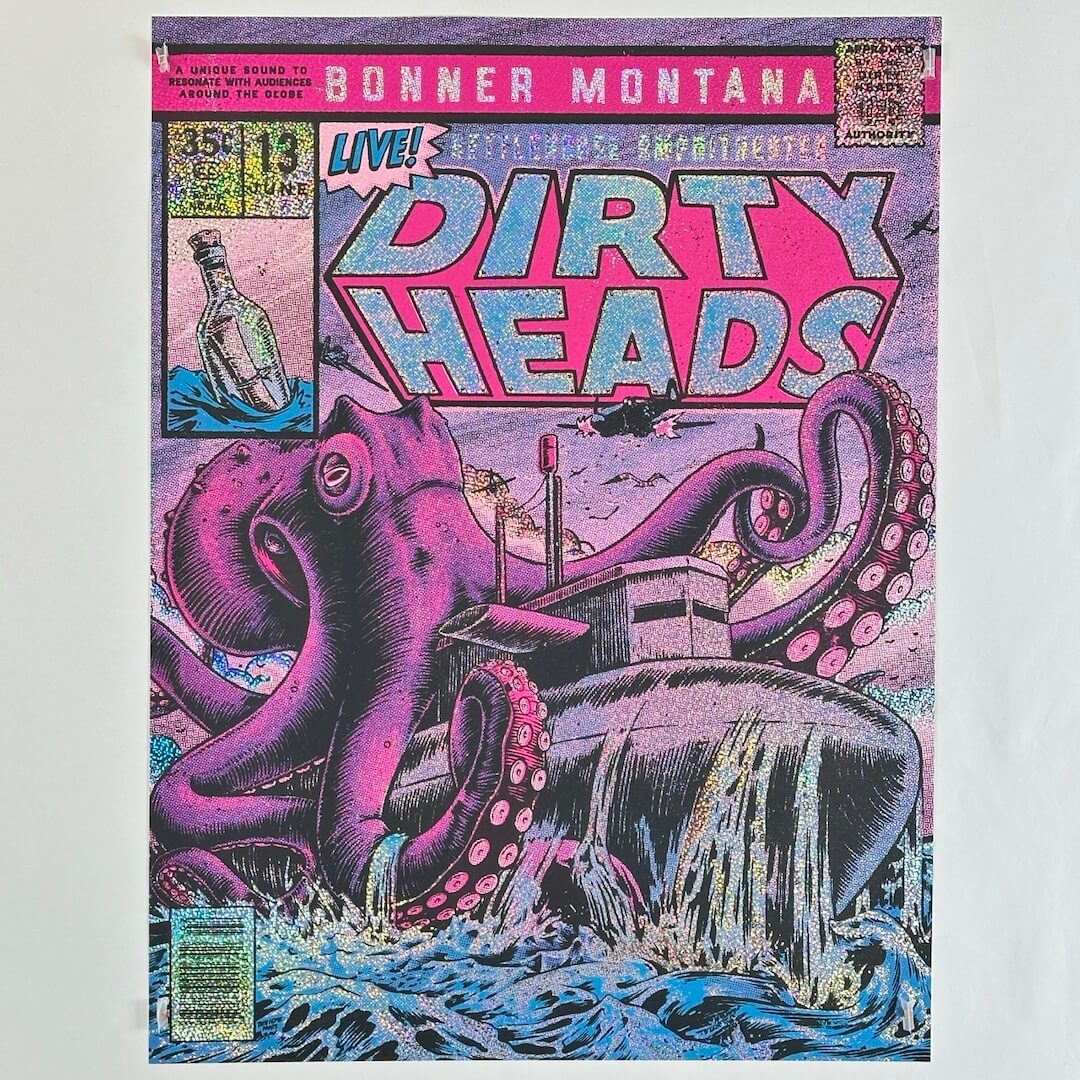 Dirty Heads poster featuring a large octopus riding a submarine with comic book style, bold 'Dirty Heads in Bonner, Montana. Live' text.
