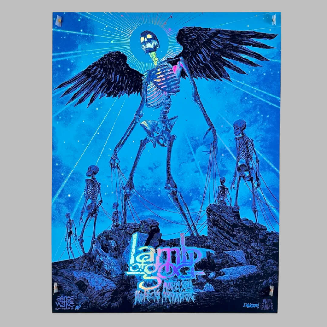 Blue monochromatic graphics of giant walking skeletons with winged main figure on rainbow foil paper.