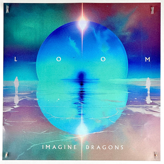 Square poster with large blue orb emerging over horizon with green/blue/purple ombre sky in background.