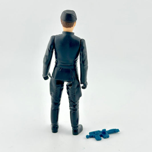 Action figure in blue suit with blue weapon on white background.