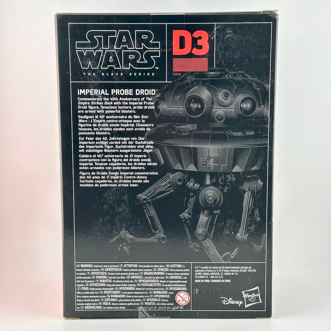 Star Wars The Black Series D3 Imperial Probe Droid action figure box back, showing product details.