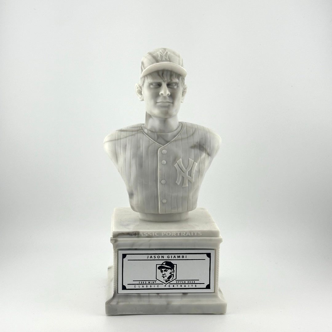 Marble pedestal with marble bust of Giambi in Pirates uniform. Silver plaque on pedestal.