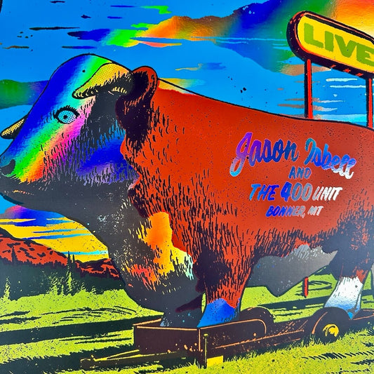 Close up of cow in center to show rainbow foil effect in negative spaces. Artist & venue info on side of cow, sky in back.