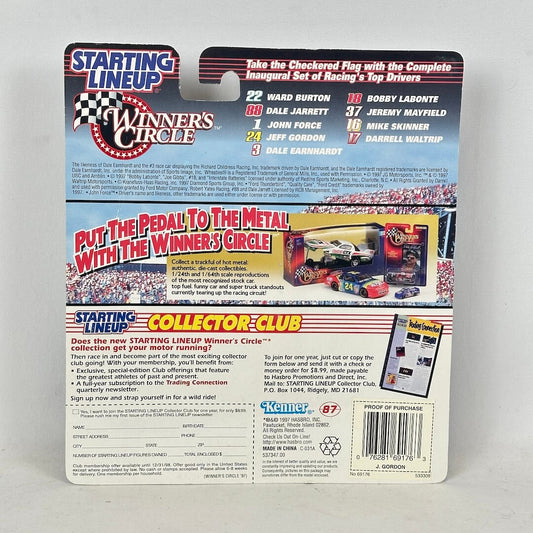 Starting Lineup Winners Circle toy packaging with driver names and graphics on a gray background