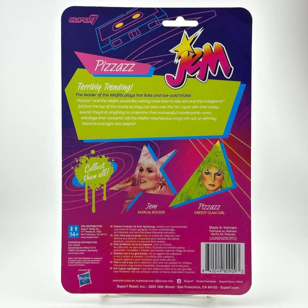 Purple ombre to pink background with green blurb with white text about the figure. Manufacturer info at bottom.