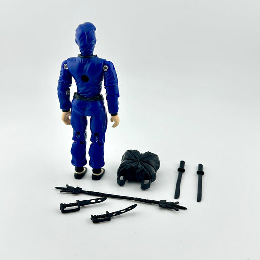 Blue action figure with accessories on a white background