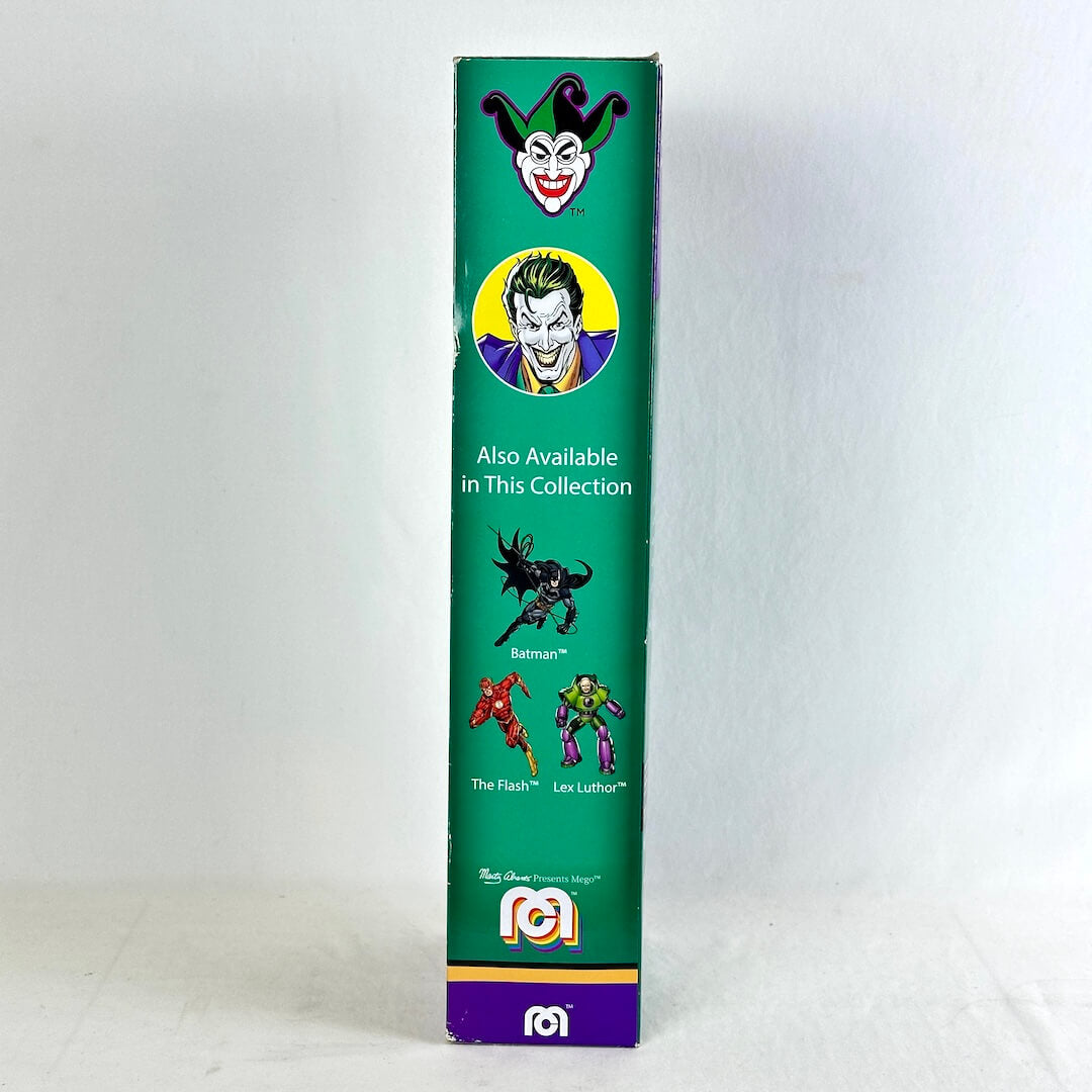 Side view of Joker action figure packaging with images of other available figures in collection.