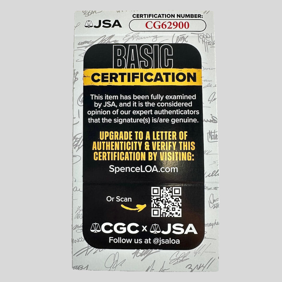 JSA certification card for basic authentication on a gray background