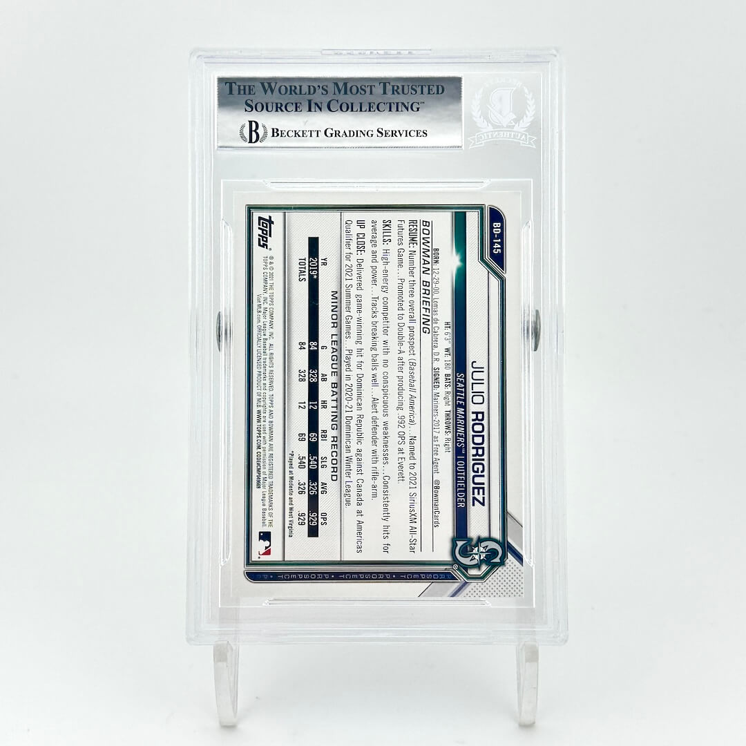 Trading card in a protective case with visible text and branding