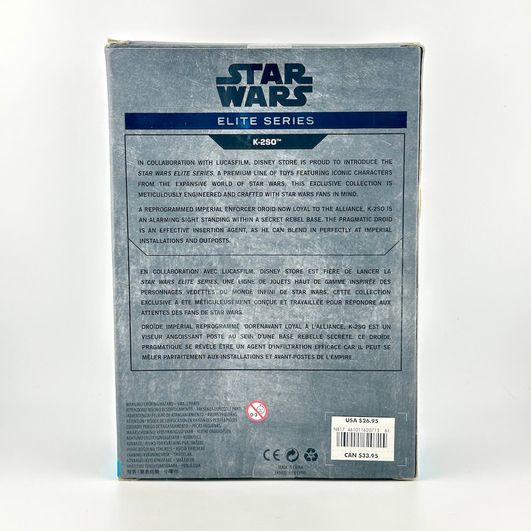 The back of a Star Wars Elite Series K-501 box, showing detailed product information in English and French.