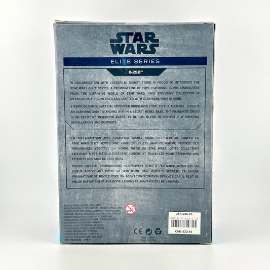 The back of a Star Wars Elite Series K-501 box, showing detailed product information in English and French.