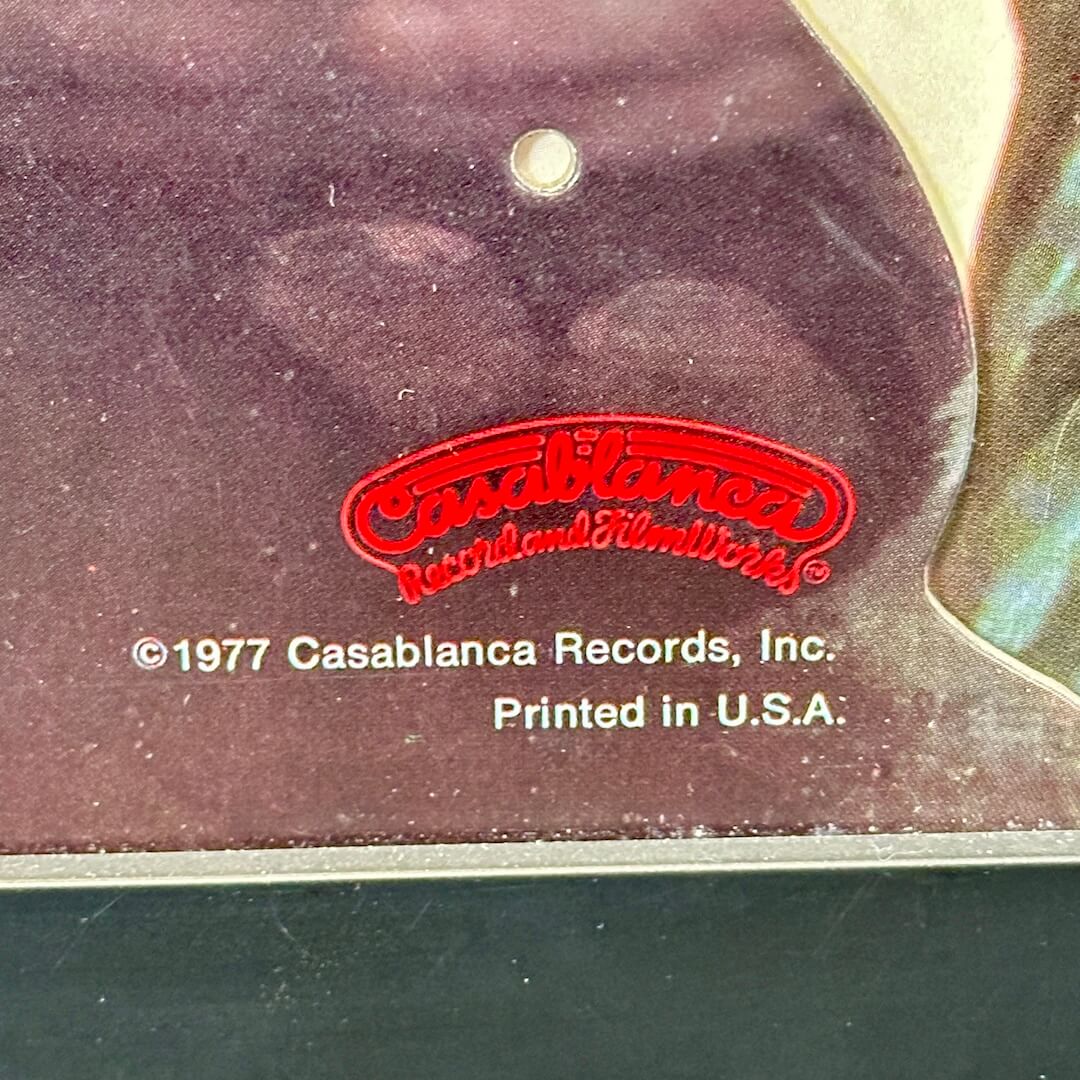 Close-up of a Casablanca Records label on a cutout.