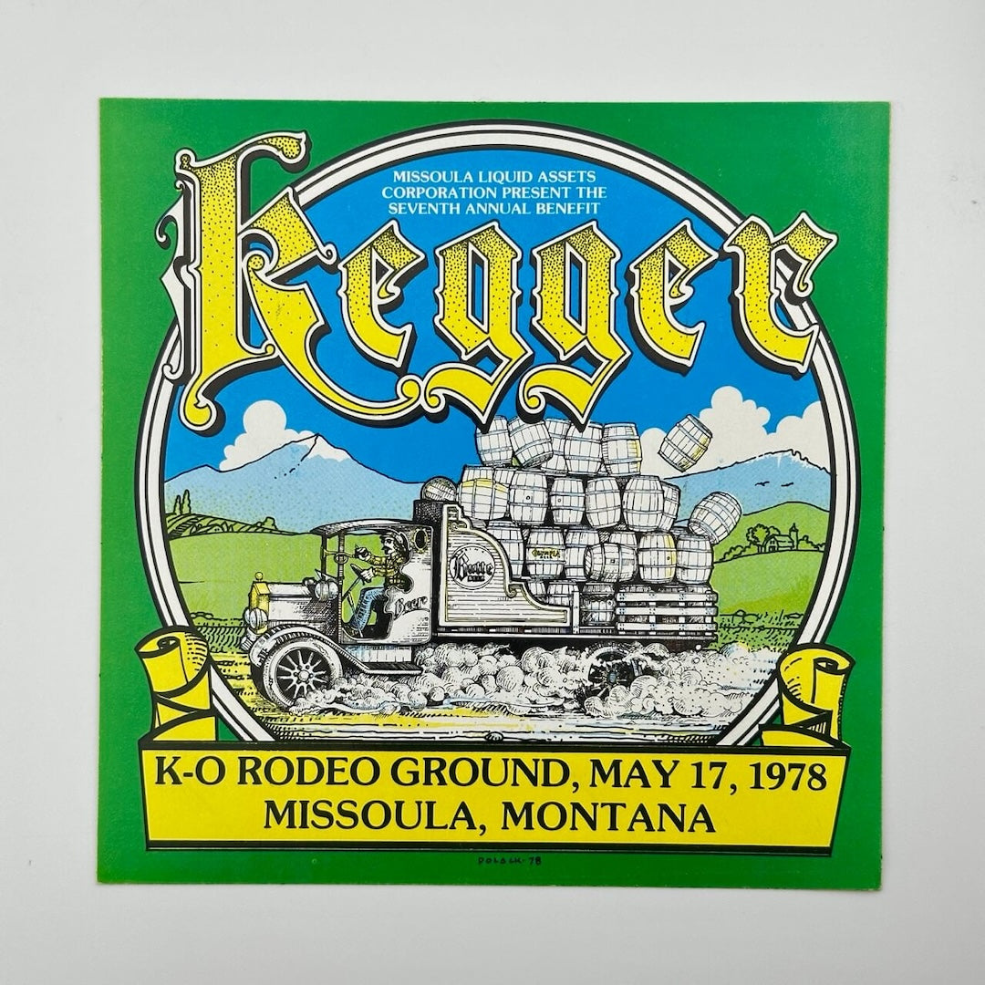 Truck laden with barrels driving down dirt road as center image, event info at top & bottom of image, on green background.