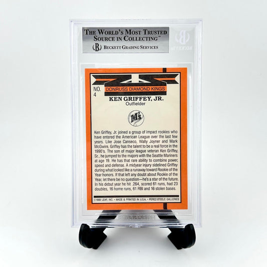 Trading card of Ken Griffey Jr. in a protective holder with Beckett Grading Services logo.