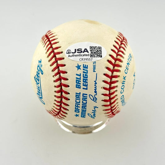Vintage Rawlings baseball with red stitching and JSA authentication sticker with QR code.