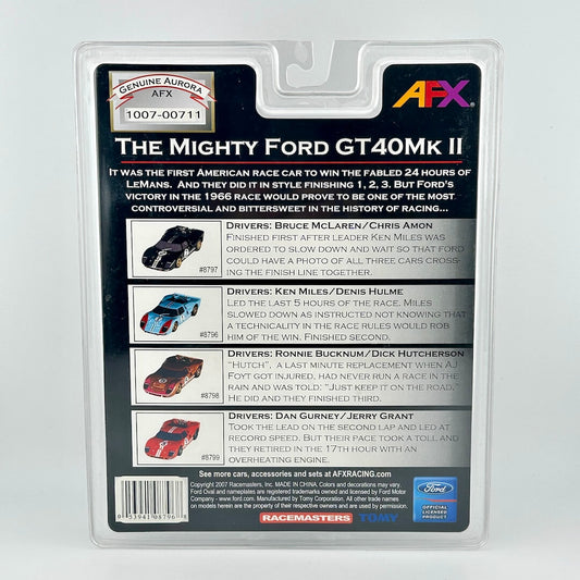 Model car packaging for 'The Mighty Ford GT40 Mk II' with AFX branding on a light gray background.